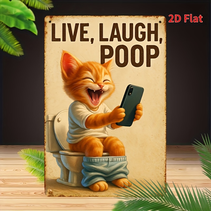 Home Bathroom Wall Decor - Funny Cat on Toilet Wall Art